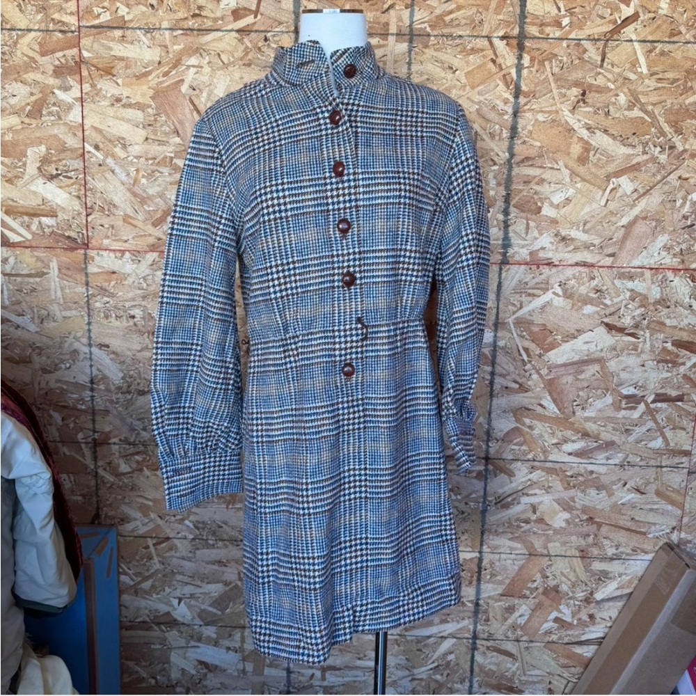 100% wool plaid blazer dress with button-up front and long sleeves